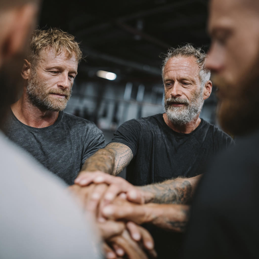 Група чоловіків різного віку підтримують один одного після успішного тренування, демонструючи єдність та досягнення